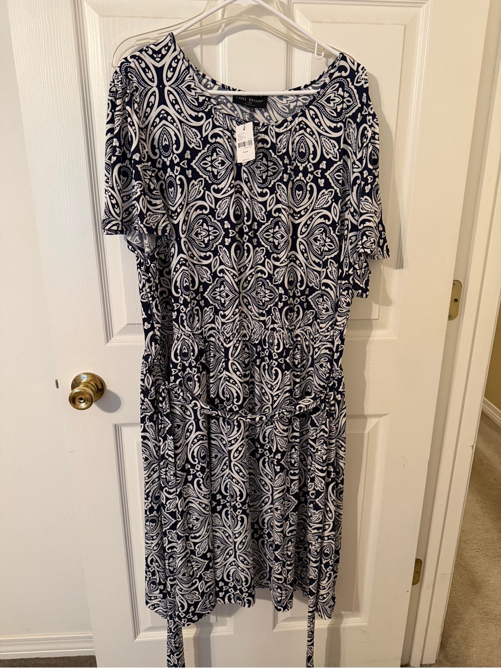 Lane Bryant Navy & White Paisley Tie-Waist Midi Dress